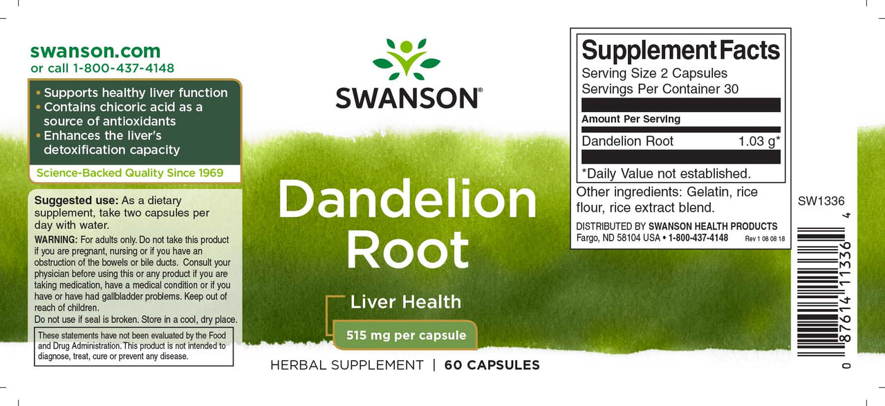 Um rótulo para Swanson Raiz de Dente-de-leão - 515 mg 60 cápsulas.