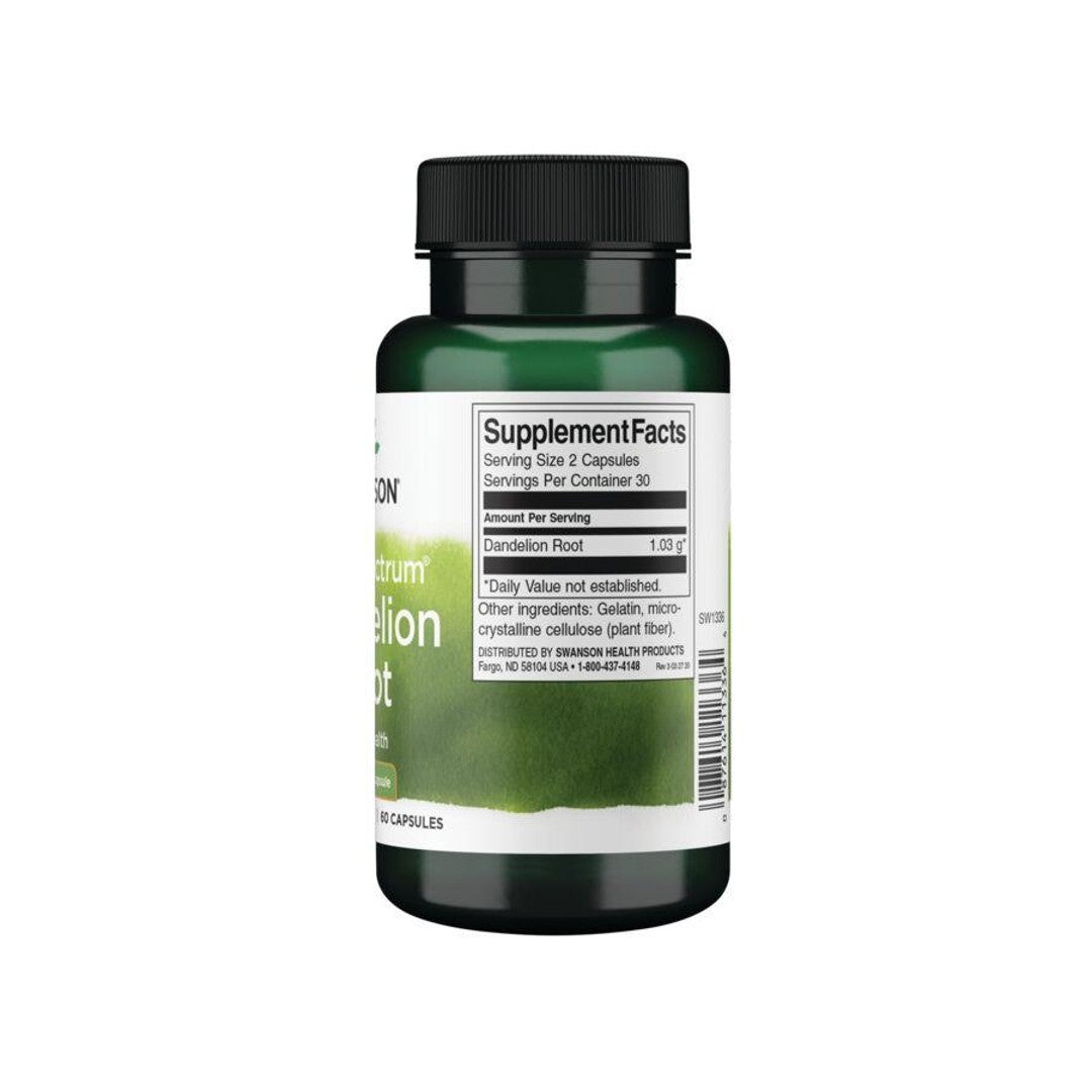 Um frasco de Swanson Dandelion Root - 515 mg 60 cápsulas com extrato de chá verde.