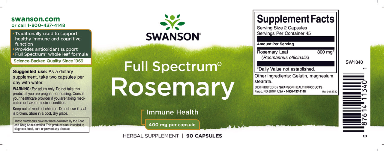 Um rótulo para Swanson Rosemary - 400 mg 90 capsules, um antioxidante para combater os radicais livres.