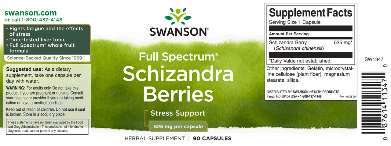 Swanson Bagas de Schizandra - 525 mg 90 cápsulas, um potente adaptogénio e tónico hepático.