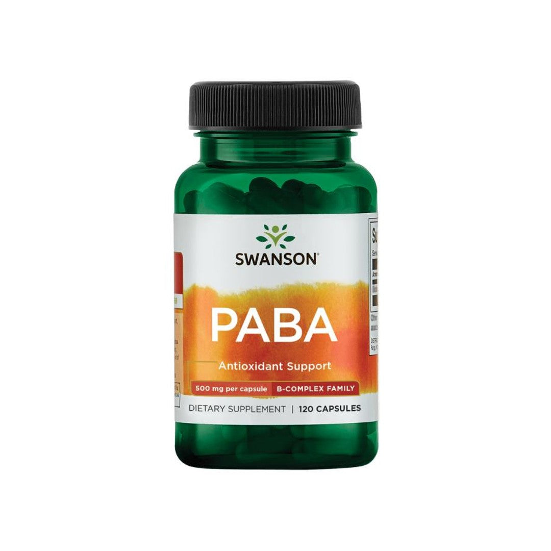 Um frasco de Swanson PABA - 500 mg 120 cápsulas, conhecido pelos seus efeitos benéficos na formação de glóbulos vermelhos e na saúde da pele.