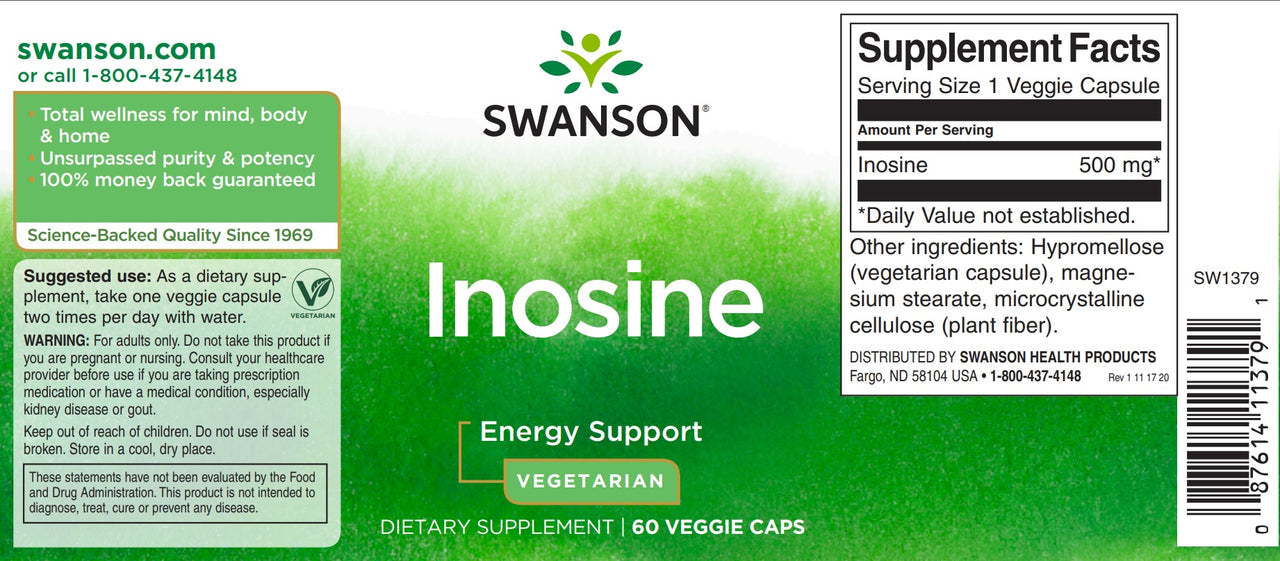 O rótulo de Swanson Inosine - 500 mg 60 cápsulas vegetais.
