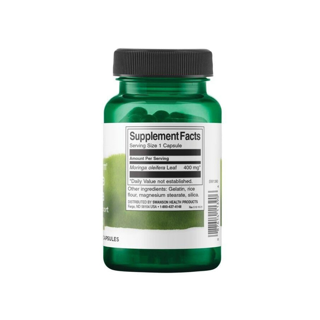 Um frasco de Swanson Moringa Oleifera - 400 mg 60 capsules sobre um fundo branco.