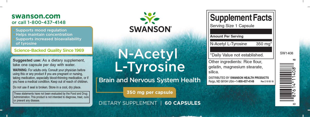 Swanson N-Acetil L-Tirosina - 350 mg 60 cápsulas é um suplemento alimentar que promove uma melhor absorção e concentração, ao mesmo tempo que apoia a regulação do humor.