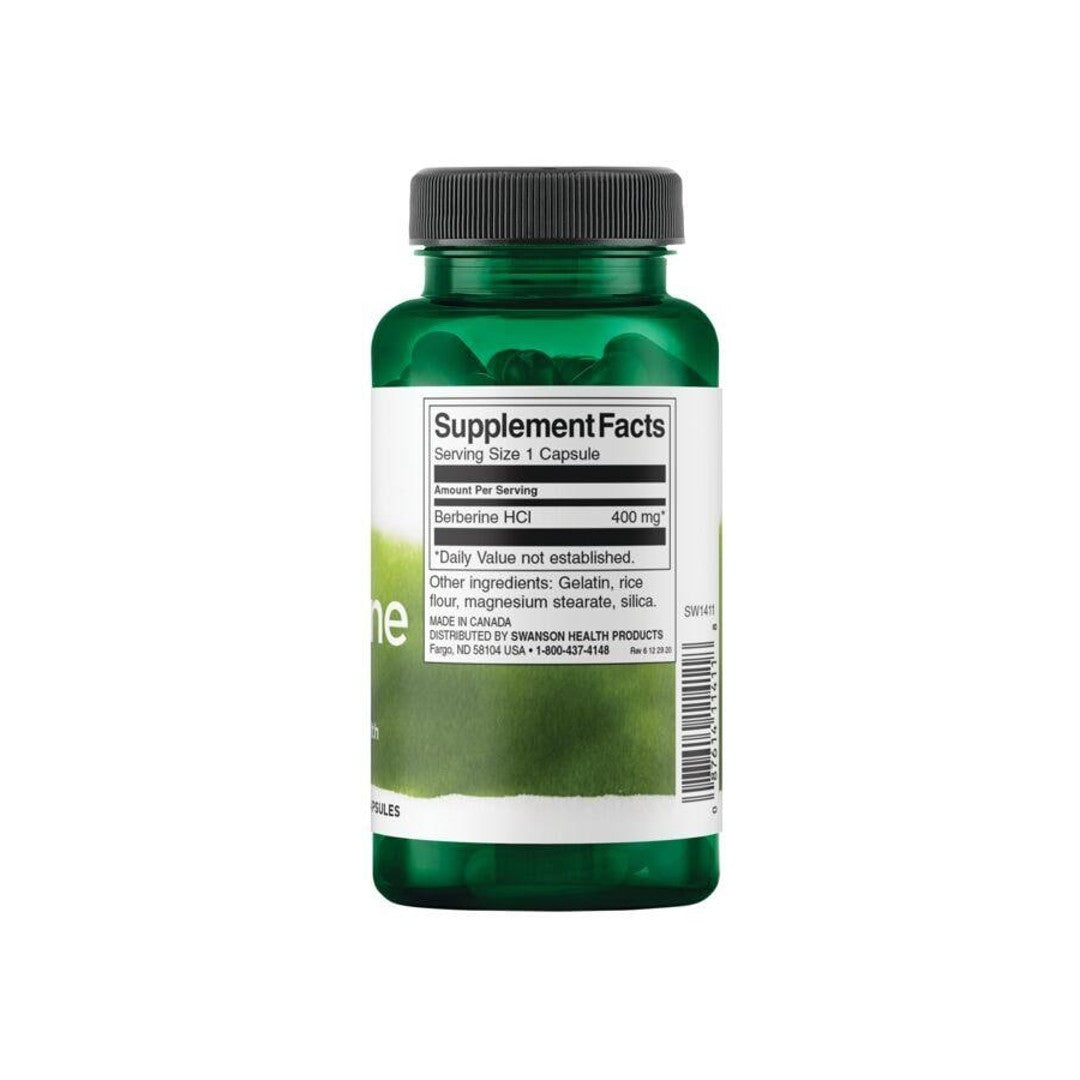 Um frasco de suplemento alimentar de Swanson Berberine - 400 mg 60 capsules apresentado num fundo branco.