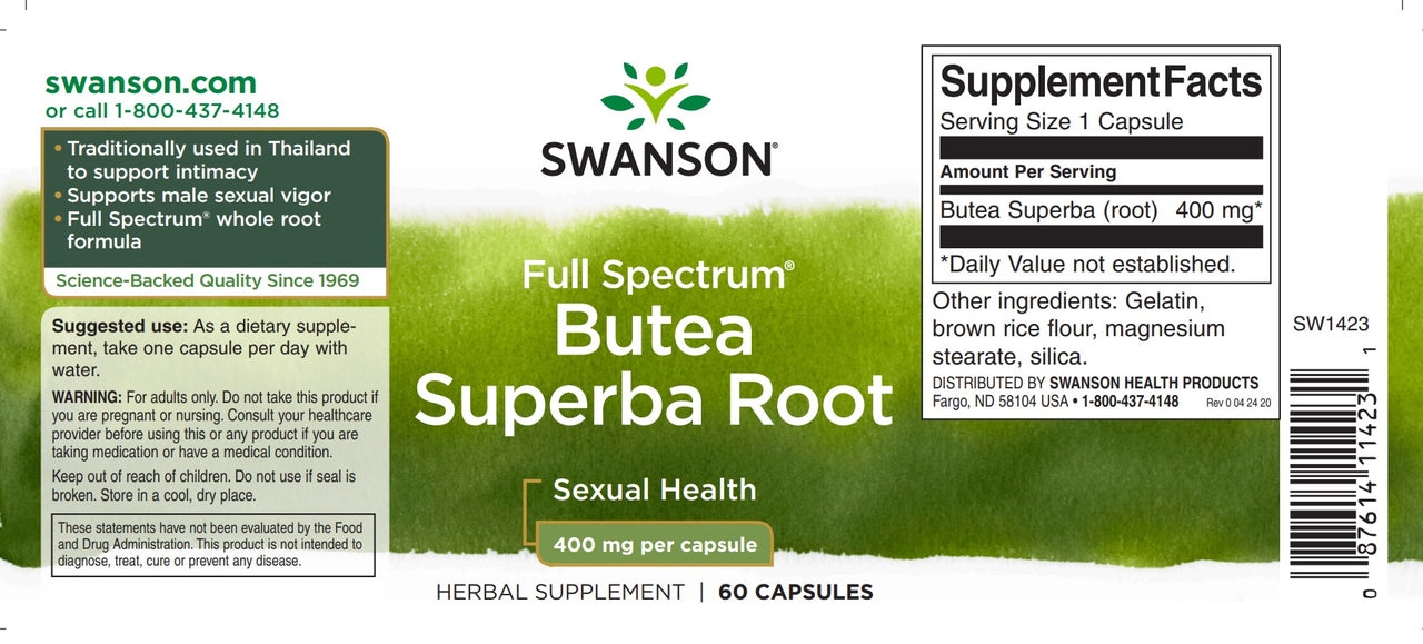 O rótulo do suplemento alimentar Swanson's Butea Superba Root - 400 mg 60 capsules.