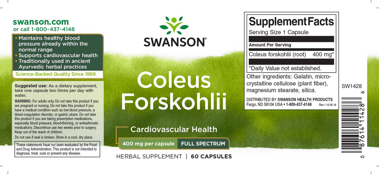 Coleus forskohlii - Swanson Coleus Forskohlii 400 mg 60 cápsulas.
