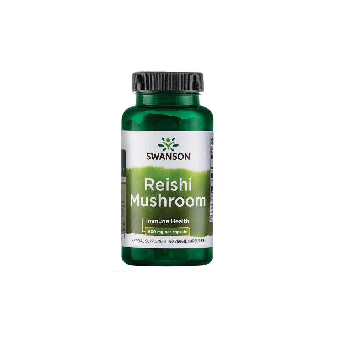 Um frasco de Swanson's Reishi Mushroom 600 mg 60 Veggie Capsules, conhecido pelos seus benefícios para a saúde imunitária e propriedades antioxidantes.