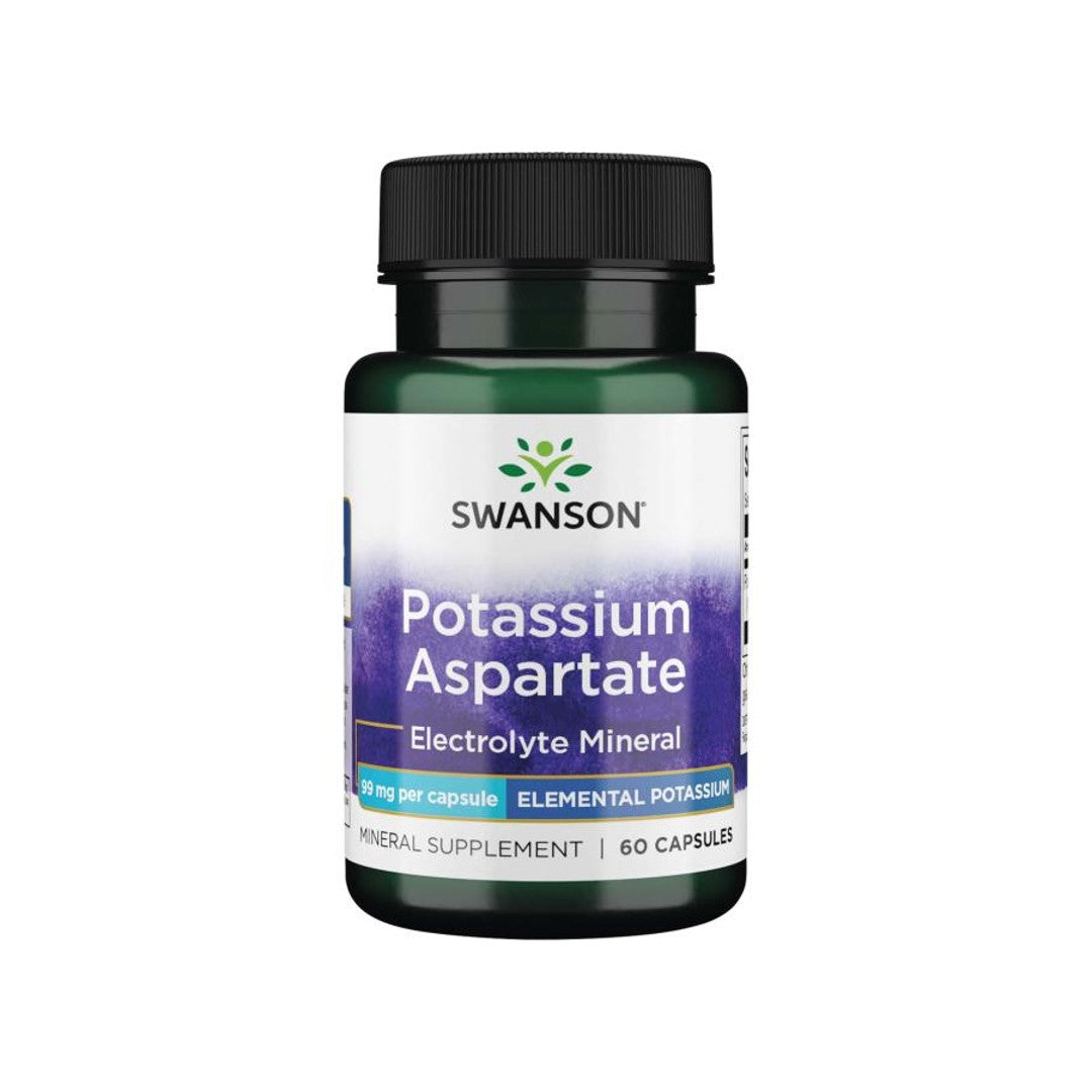 Um frasco de suplemento alimentar Swanson's Potassium Aspartate - 99 mg 90 capsules.