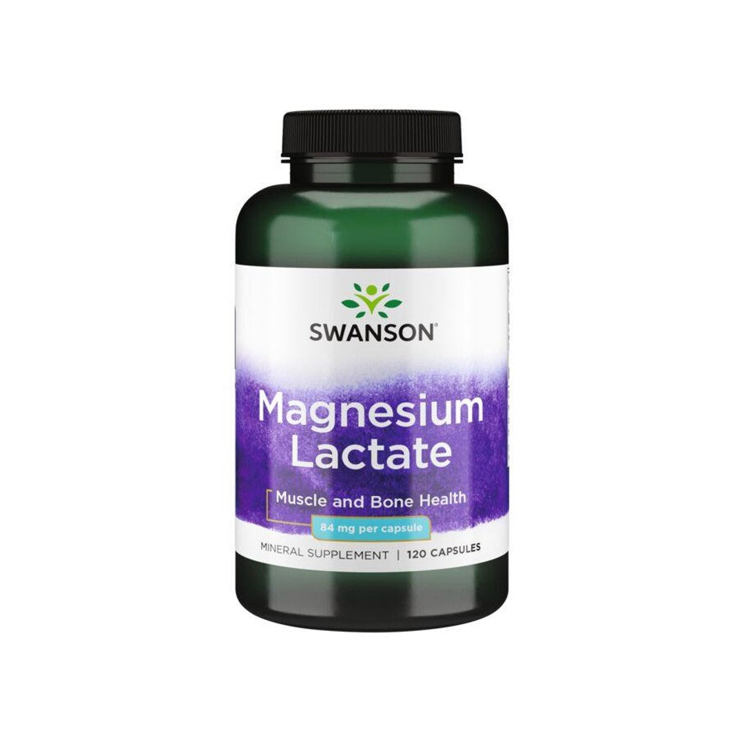 Um frasco de Swanson Magnesium Lactate - 84 mg 120 cápsulas.