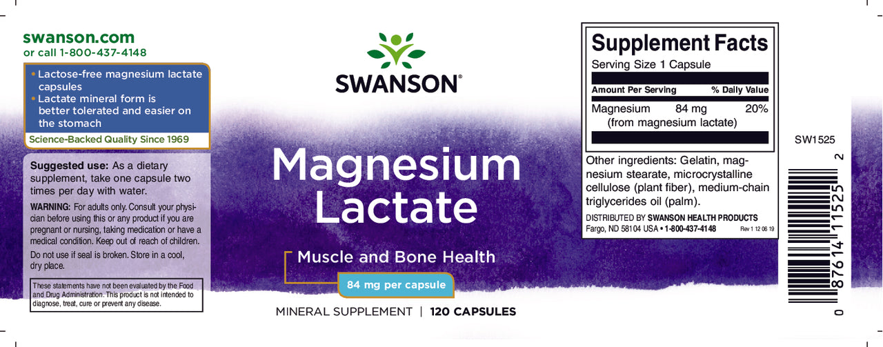 SwansonLactato de Magnésio - 84 mg 120 cápsulas rótulo.