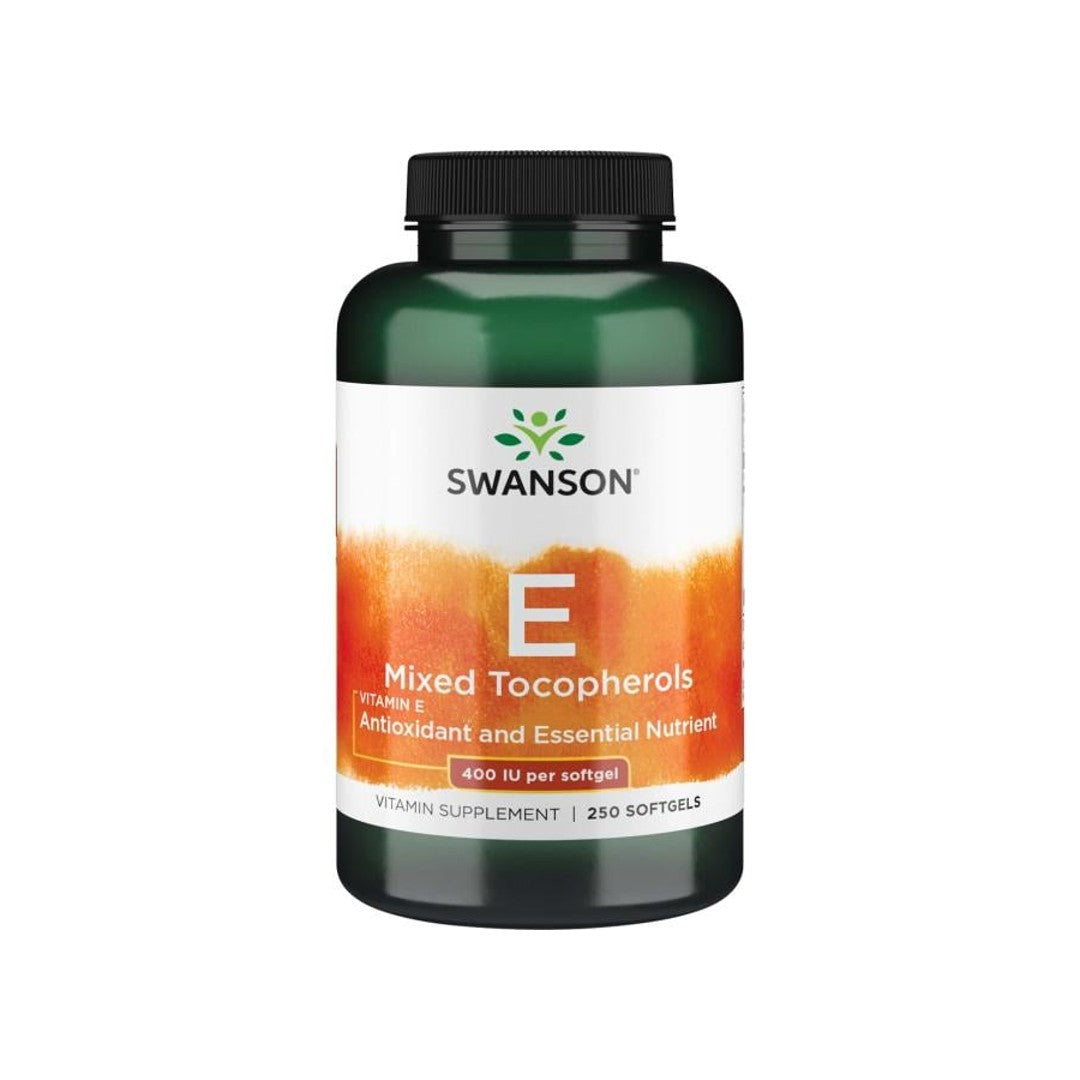 Um frasco de Swanson Vitamin E - 400 IU 250 softgel Mixed Tocopherols, que fornece apoio antioxidante para a saúde cardiovascular.