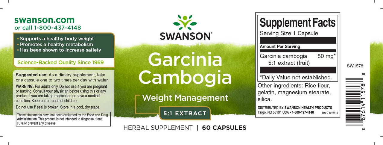 Swanson Extrato de Garcinia Cambogia 5:1 - 60 cápsulas de suplemento de emagrecimento.