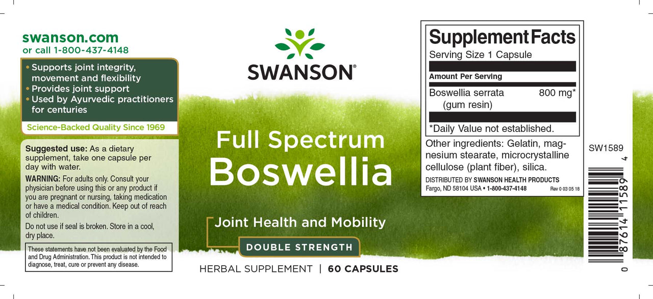 Swanson Boswellia - 800 mg 60 cápsulas de suplemento alimentar.