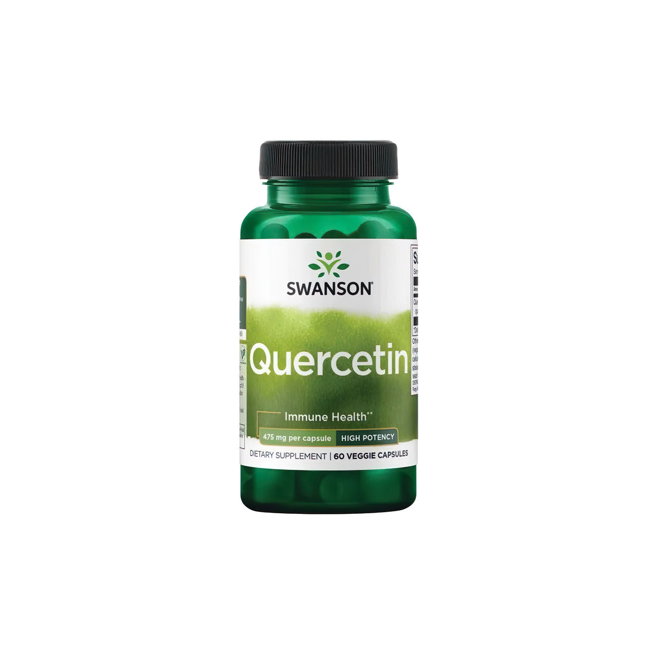 Um frasco de Swanson Quercetin 475 mg 60 vcaps, um poderoso antioxidante para o sistema imunitário, sobre um fundo branco.