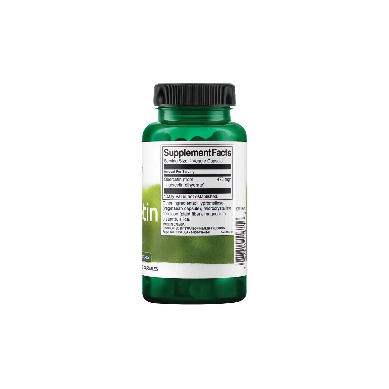 Um frasco de Quercetin 475 mg 60 vcaps, rico em antioxidantes, da Swanson sobre um fundo branco, que promove os benefícios para o sistema imunitário e os vasos sanguíneos.
