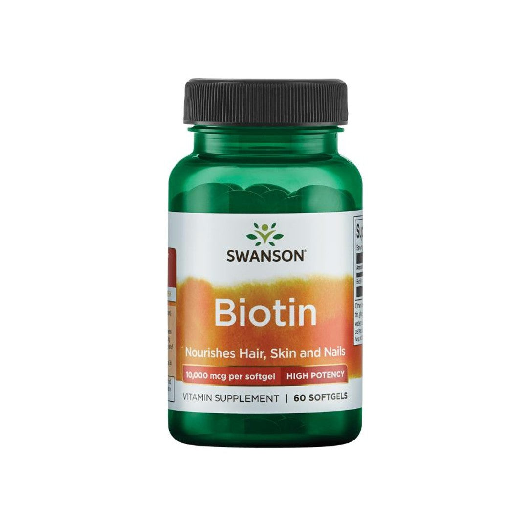 Swanson Biotina - 10000 mcg, um suplemento alimentar em forma de 60 cápsulas de gelatina mole.