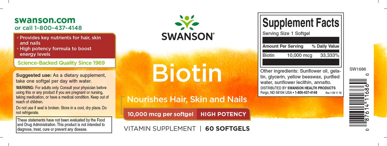 Swanson Biotina - 10000 mcg 60 softgel rótulo do suplemento alimentar.