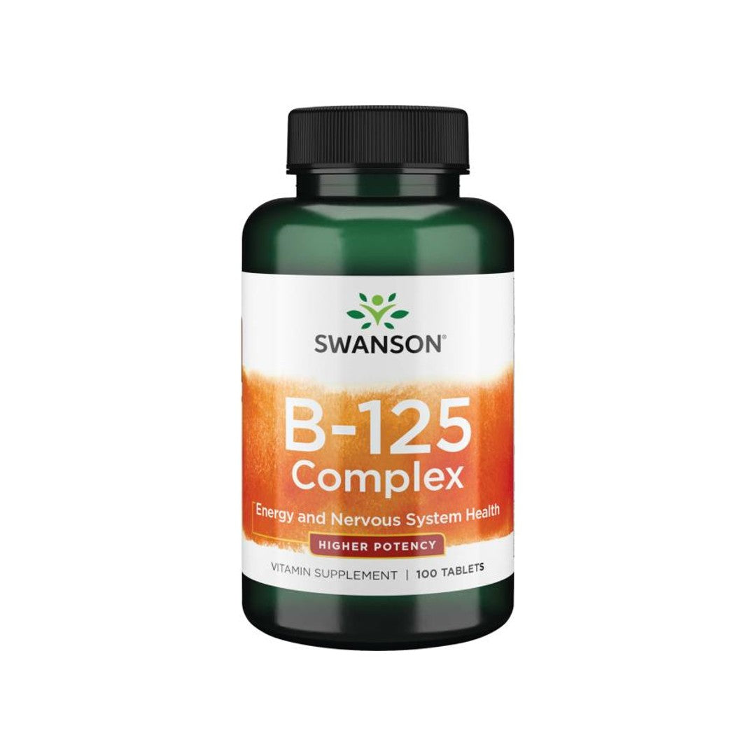 A bottle of Swanson Vitamin B-125 Complex dietary supplement, supporting a healthy nervous system and cardiovascular health, containing 100 tablets.