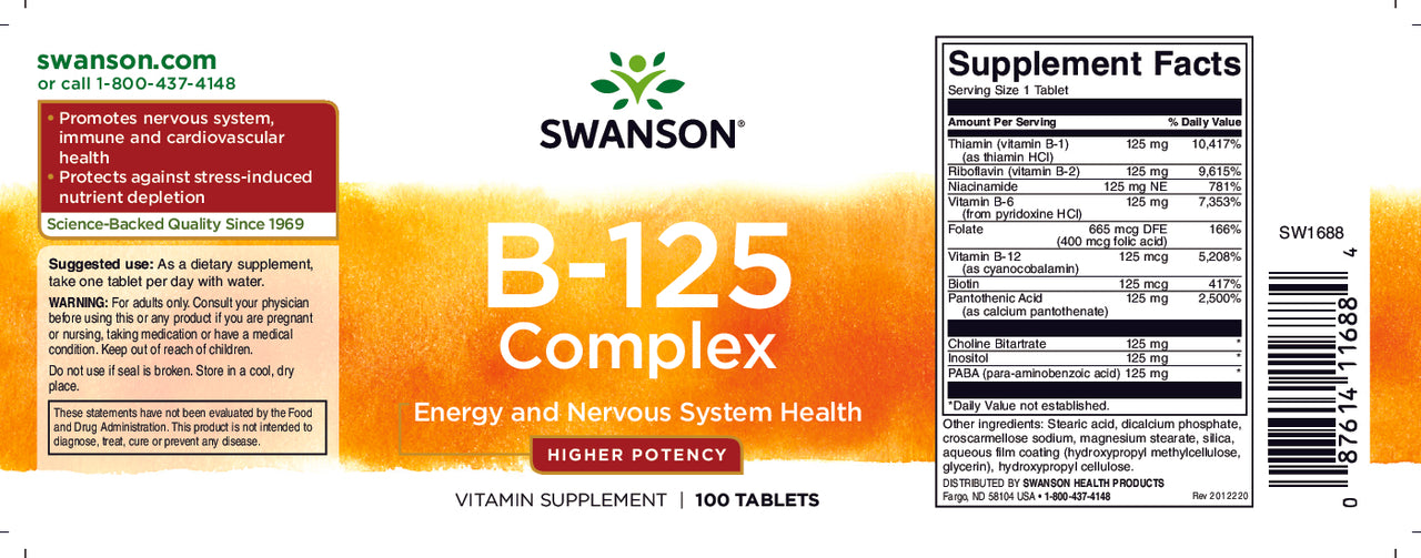 Bottle label of Swanson Vitamin B-125 Complex vitamins emphasizing energy, cardiovascular health, and nervous system health, with nutritional information on the side.