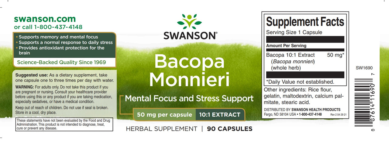 Swanson Extrato 10:1 de Bacopa Monnieri - 50 mg de suplemento alimentar.