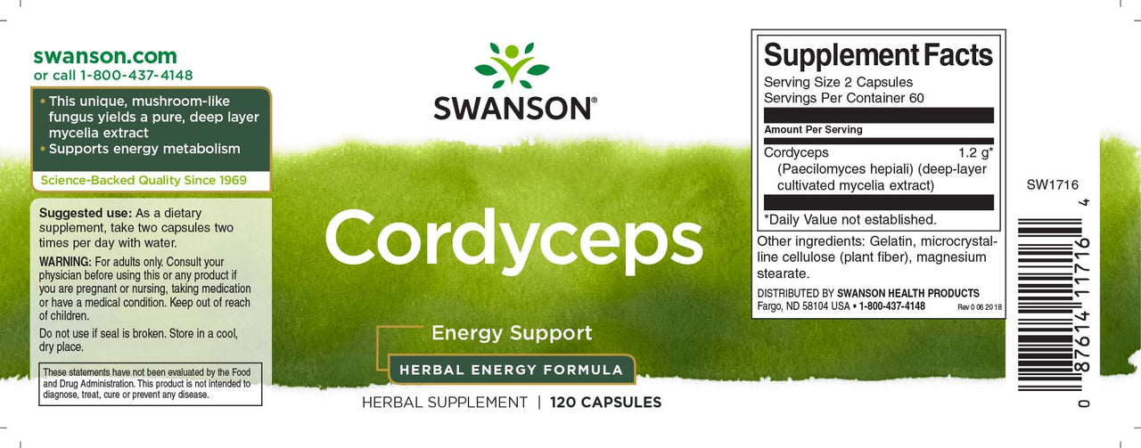 Um rótulo para Swanson Cordyceps - 600 mg 120 cápsulas.