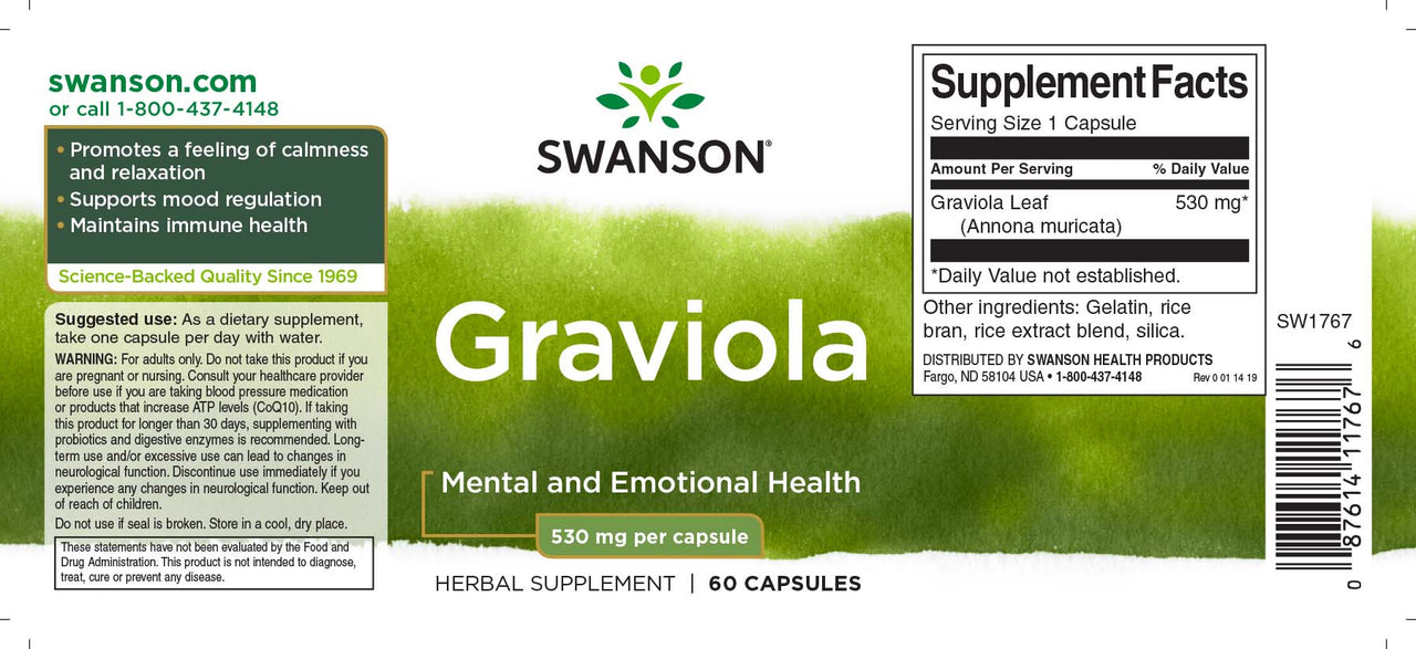 Um rótulo para Swanson Graviola - 530 mg 60 cápsulas.