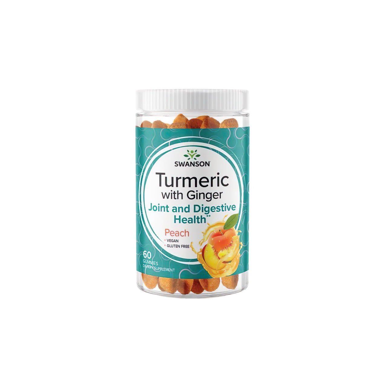 A jar of Swanson Turmeric with Ginger 60 gummies - Peach health.