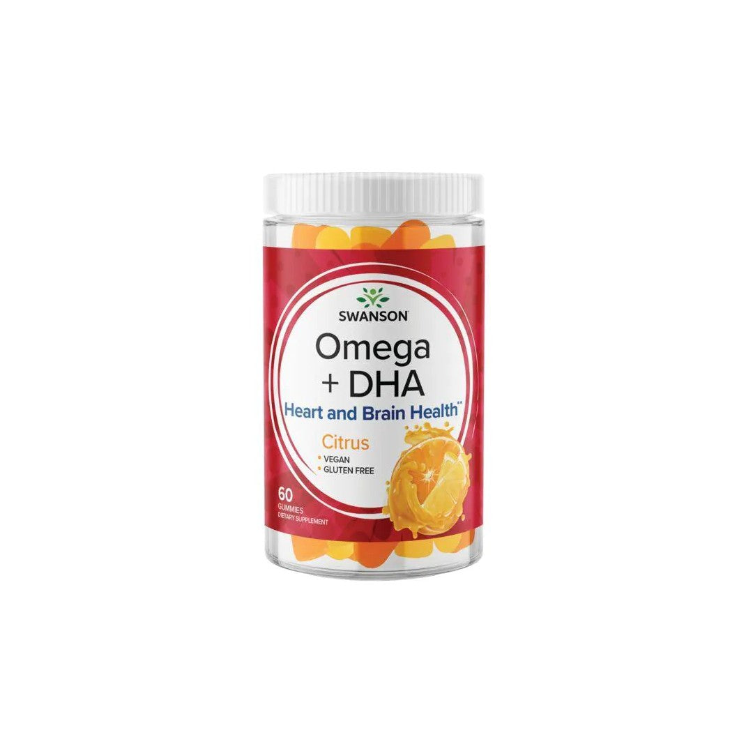 Um frasco de Swanson Omega plus DHA 60 gomas - Citrinos sobre um fundo branco, fornecendo ácidos gordos essenciais para promover a saúde do coração e controlar os níveis de colesterol e triglicéridos.
