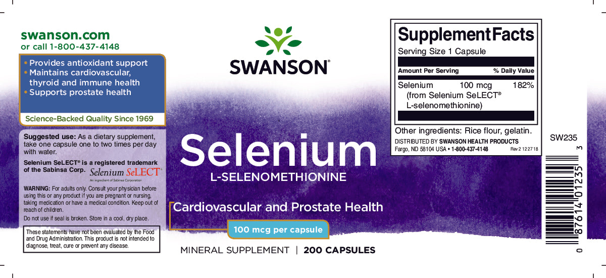SwansonSelénio - 100 mcg 200 cápsulas L-Selenometionina é um produto de apoio antioxidante de alta qualidade. Promove a saúde cardiovascular e proporciona excelentes benefícios para a saúde da próstata.