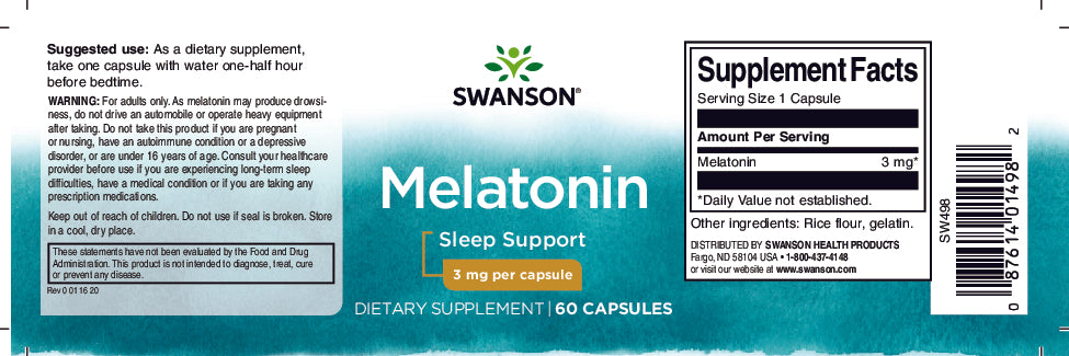 Um frasco de Swanson Melatonin - 3 mg 60 cápsulas para ajudar-te a dormir.
