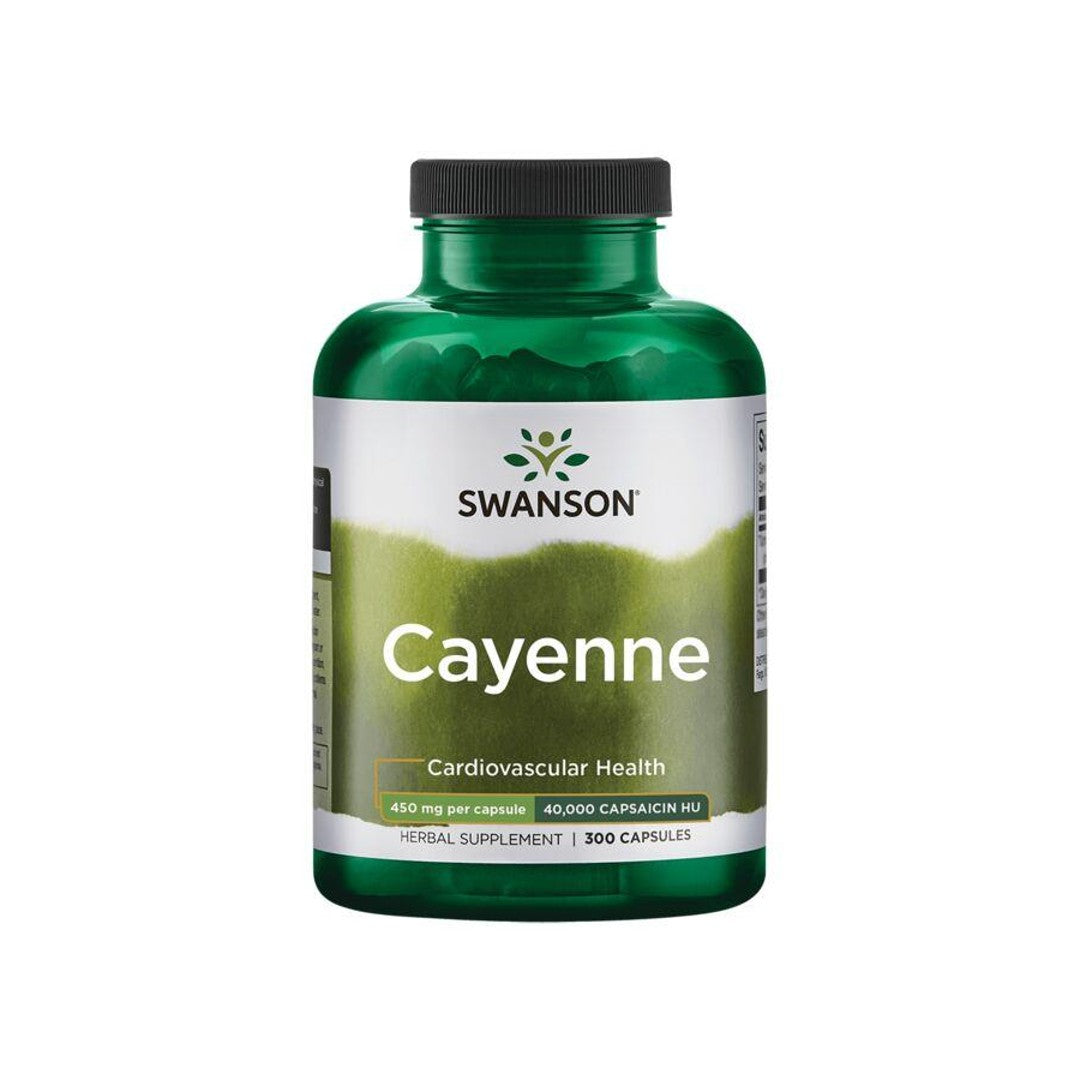 Um frasco verde Swanson com um rótulo branco contendo Cayenne - 450 mg 300 cápsulas.
