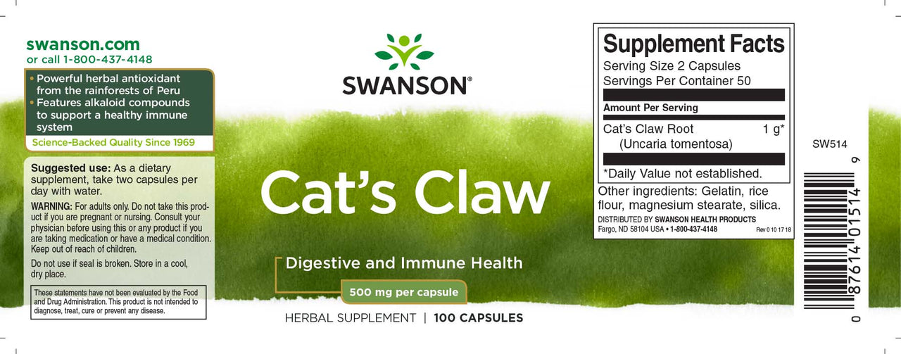 SwansonRótulo do suplemento Cats Claw - 500 mg 100 cápsulas.