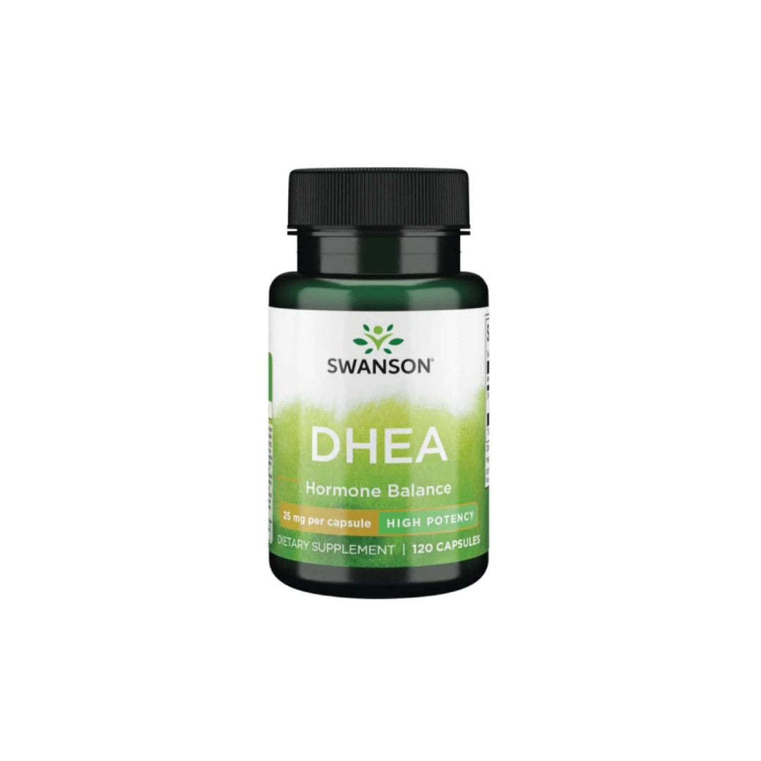 Um frasco de Swanson DHEA - High Potency - 25 mg 120 cápsulas.