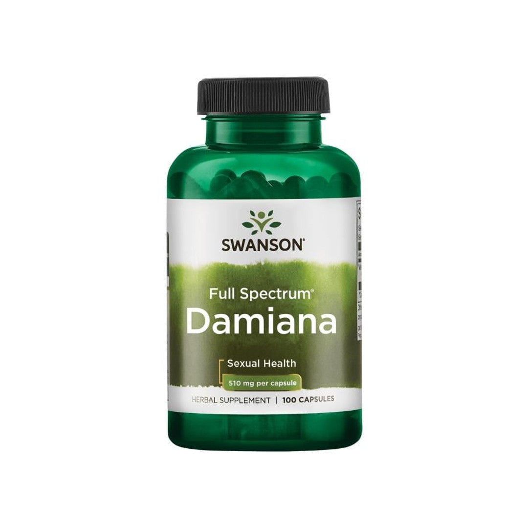 Um frasco de Swanson's Damiana - 510 mg 100 cápsulas.