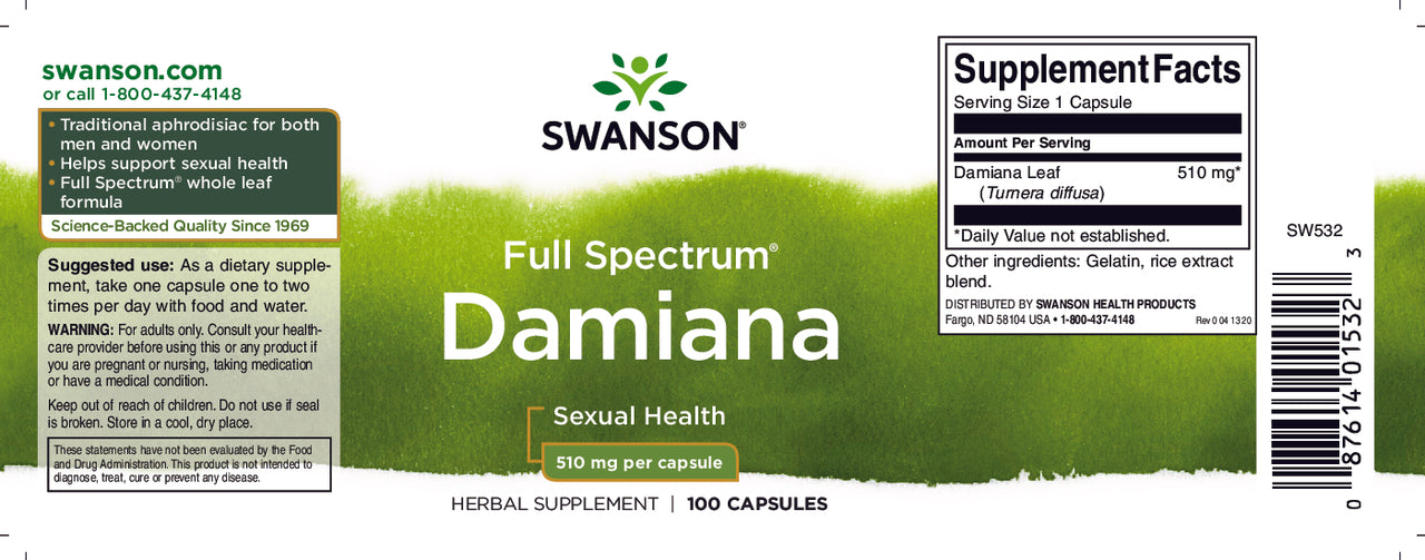 Rótulo de Swanson Damiana - 510 mg 100 cápsulas.