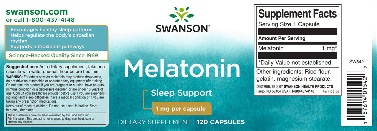 O rótulo de Swanson Melatonin - 1 mg 120 capsules.