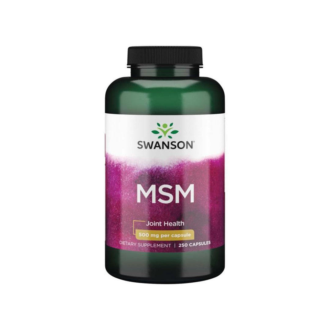 Um frasco de Swanson MSM - 500 mg 250 comprimidos sobre um fundo branco, que promove a saúde das articulações e do cabelo/pele.