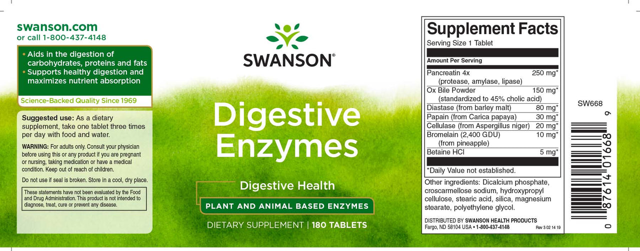 Um rótulo para Swanson Digestive Enzymes - 180 tabs.