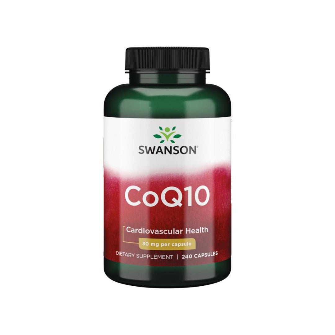 Um frasco de Swanson Coenzyme Q10 - 30 mg 240 cápsulas.
