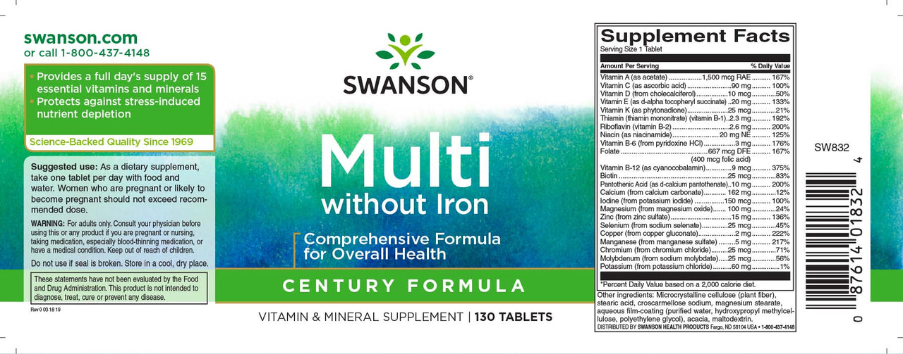 O rótulo de Swanson Multi without iron - 130 tabs fornece-te minerais e vitaminas essenciais para preencheres as lacunas nutricionais.