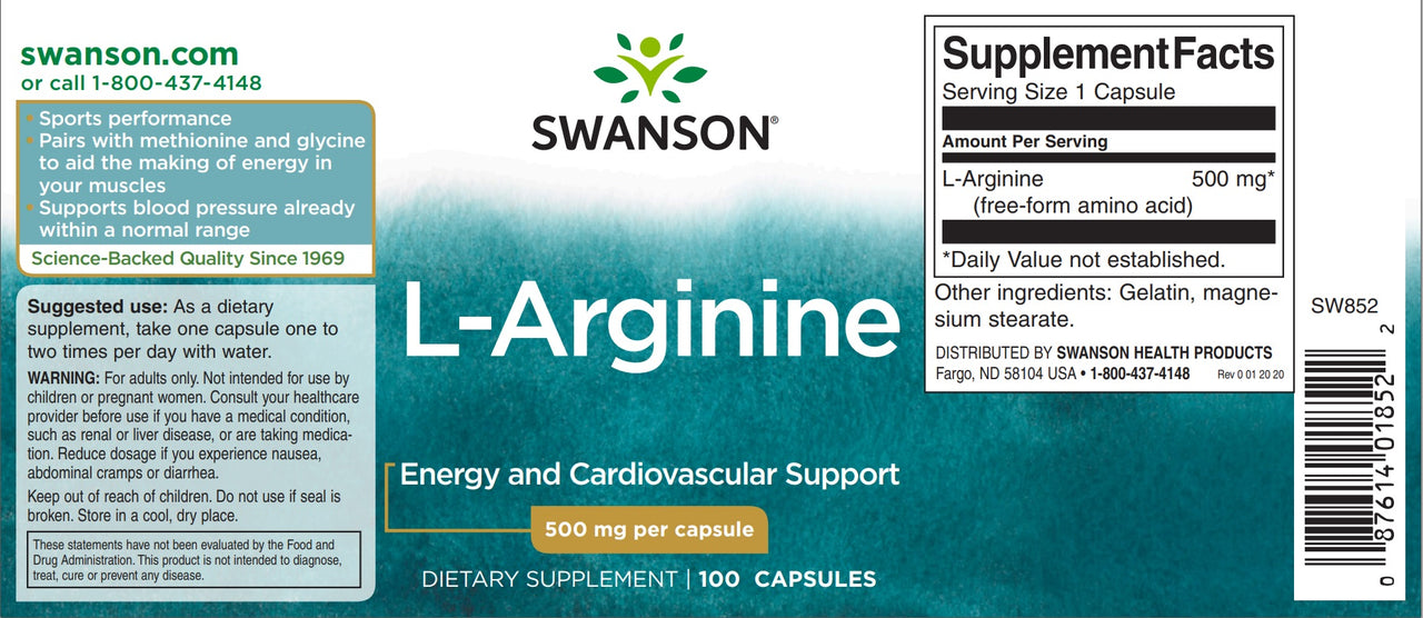 L-Arginina - 500 mg 100 cápsulas - rótulo