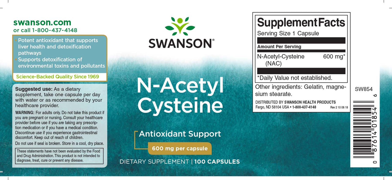 Swanson O suplemento N-Acetil Cisteína - 600 mg 100 cápsulas é um antioxidante que apoia a saúde do fígado e ajuda na desintoxicação.