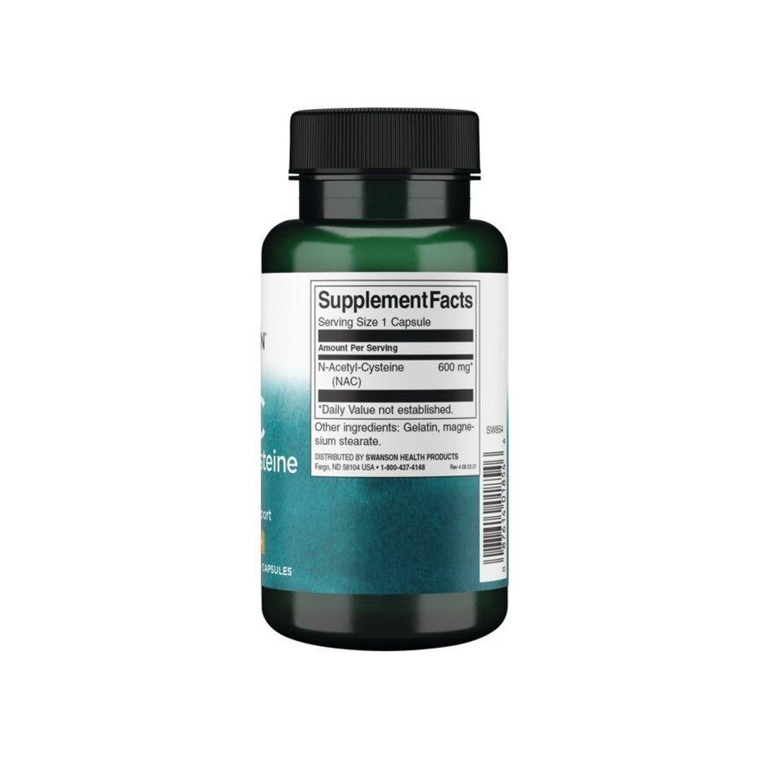 Um frasco de N-Acetilcisteína com um rótulo verde, conhecido pelas suas propriedades antioxidantes.