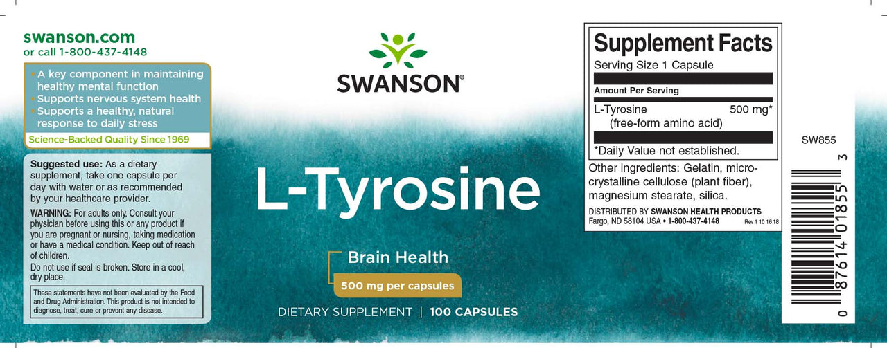 L-Tyrosine - 500 mg 100 cápsulas - rótulo