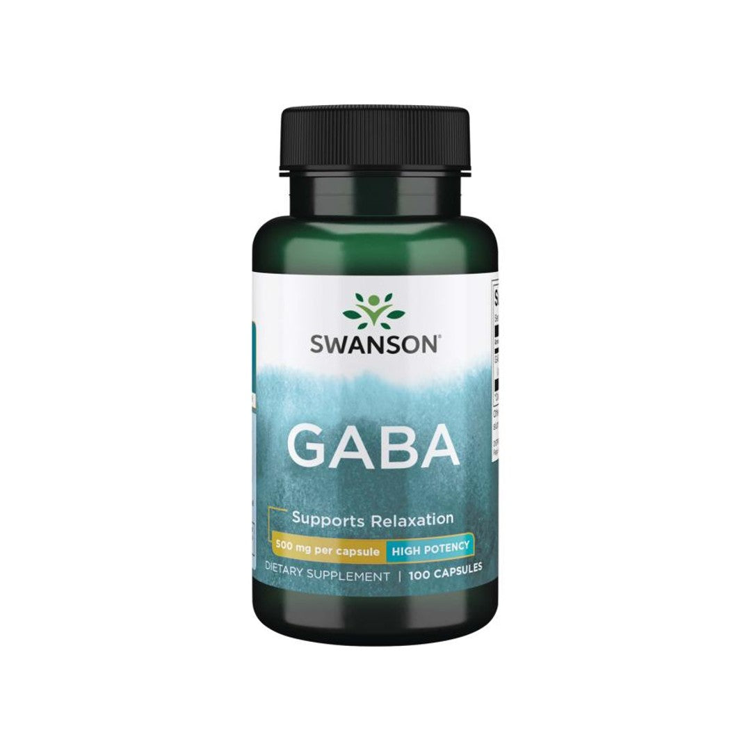 Um frasco de Swanson GABA - 500 mg 100 cápsulas.