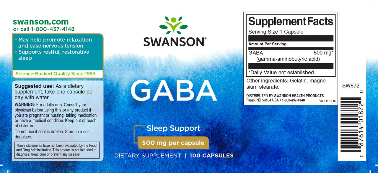 Swanson GABA - 500 mg 100 cápsulas rótulo do suplemento.