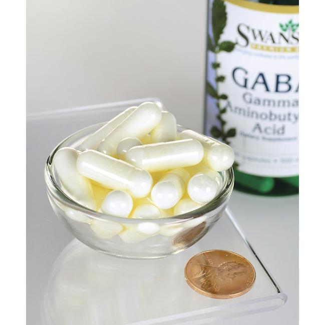 Um frasco de Swanson GABA - 500 mg 100 cápsulas e um cêntimo ao lado.