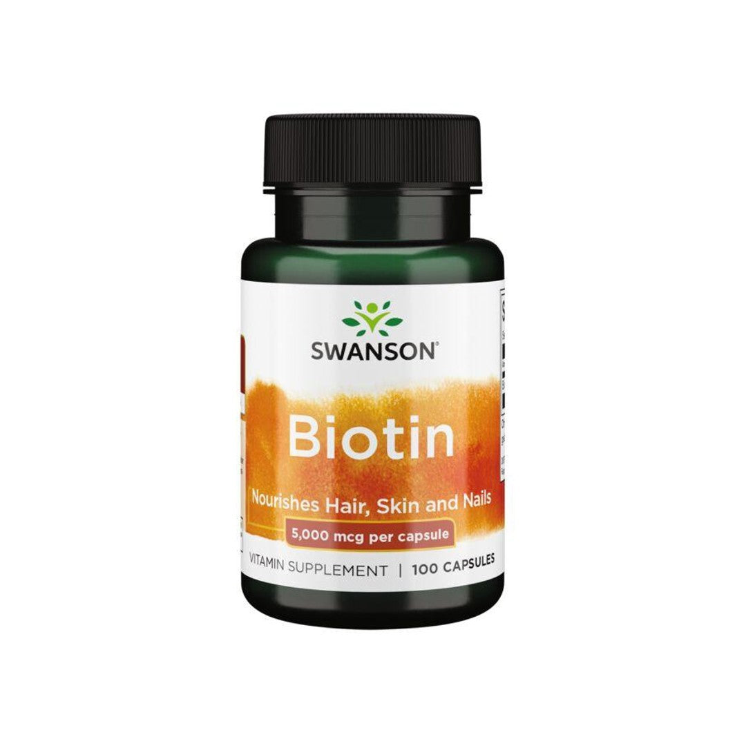 Swanson Biotin - 5 mg 100 cápsulas, um suplemento alimentar.