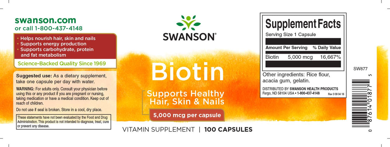 Swanson Biotina - 5 mg 100 cápsulas rótulo do suplemento alimentar.